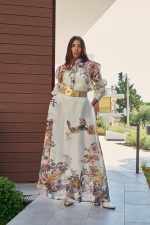 Σετ πουκάμισο - φούστα με floral print και κουμπιά πέρλες μπεζ - Image 3