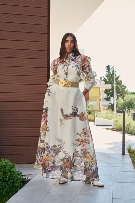 Σετ πουκάμισο - φούστα με floral print και κουμπιά πέρλες μπεζ