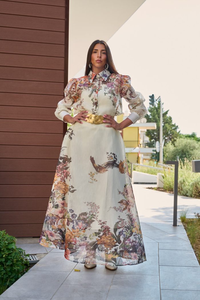 Σετ πουκάμισο - φούστα με floral print και κουμπιά πέρλες μπεζ - Image 2