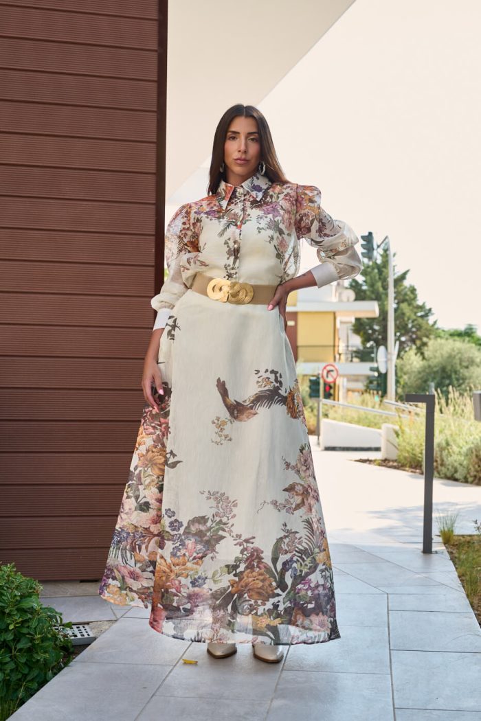 Σετ πουκάμισο - φούστα με floral print και κουμπιά πέρλες μπεζ - Image 4