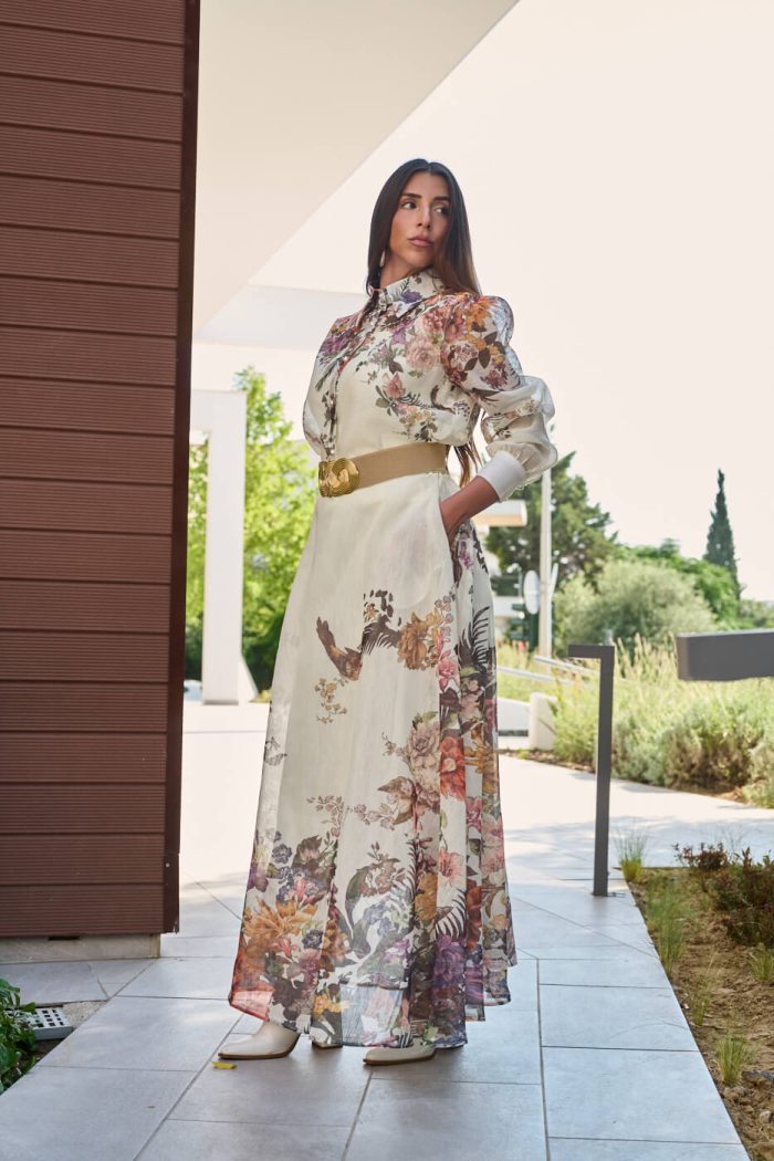 Σετ πουκάμισο - φούστα με floral print και κουμπιά πέρλες μπεζ - Image 5