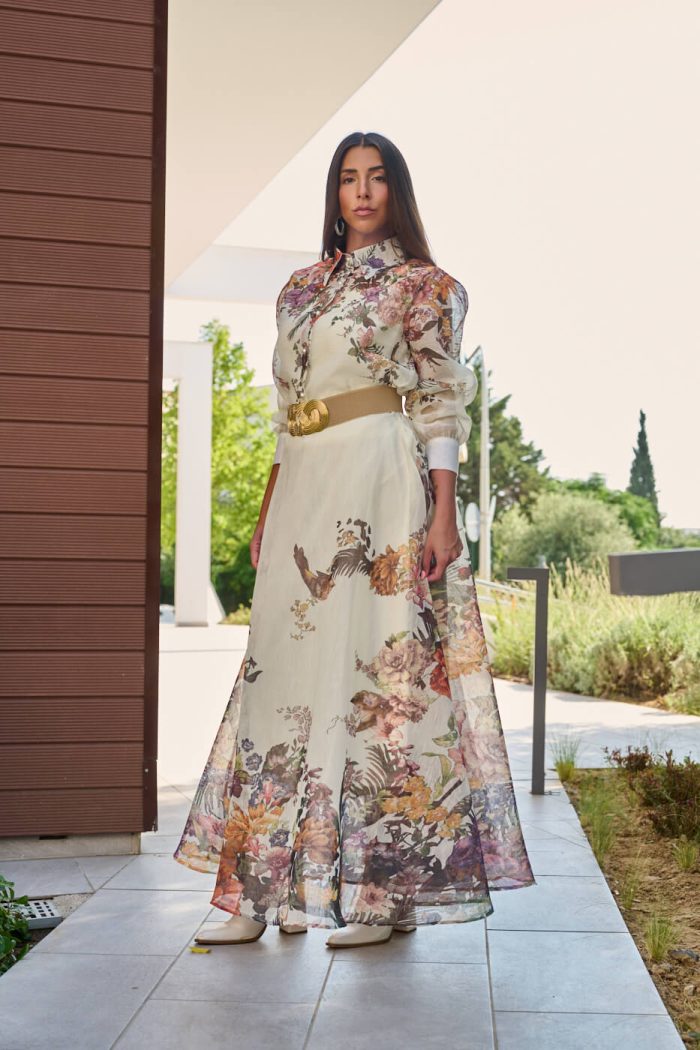 Σετ πουκάμισο - φούστα με floral print και κουμπιά πέρλες μπεζ - Image 6