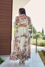 Σετ πουκάμισο - φούστα με floral print και κουμπιά πέρλες μπεζ - Image 7