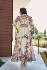 Σετ πουκάμισο - φούστα με floral print και κουμπιά πέρλες μπεζ - Image 8