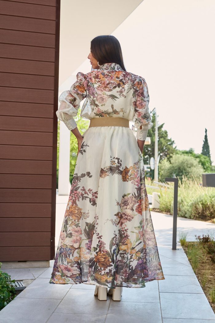 Σετ πουκάμισο - φούστα με floral print και κουμπιά πέρλες μπεζ - Image 8