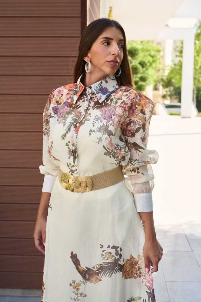 Σετ πουκάμισο - φούστα με floral print και κουμπιά πέρλες μπεζ - Image 9