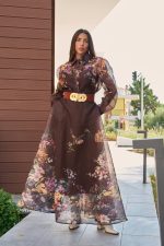 Σετ πουκάμισο - φούστα με floral print και κουμπιά πέρλες καφέ - Image 2