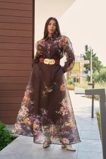 Σετ πουκάμισο - φούστα με floral print και κουμπιά πέρλες καφέ - Image 3