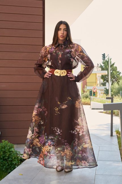 Σετ πουκάμισο - φούστα με floral print και κουμπιά πέρλες καφέ
