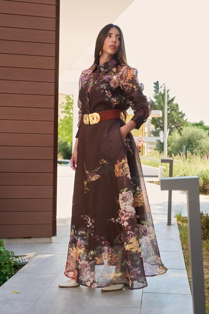 Σετ πουκάμισο - φούστα με floral print και κουμπιά πέρλες καφέ - Image 4