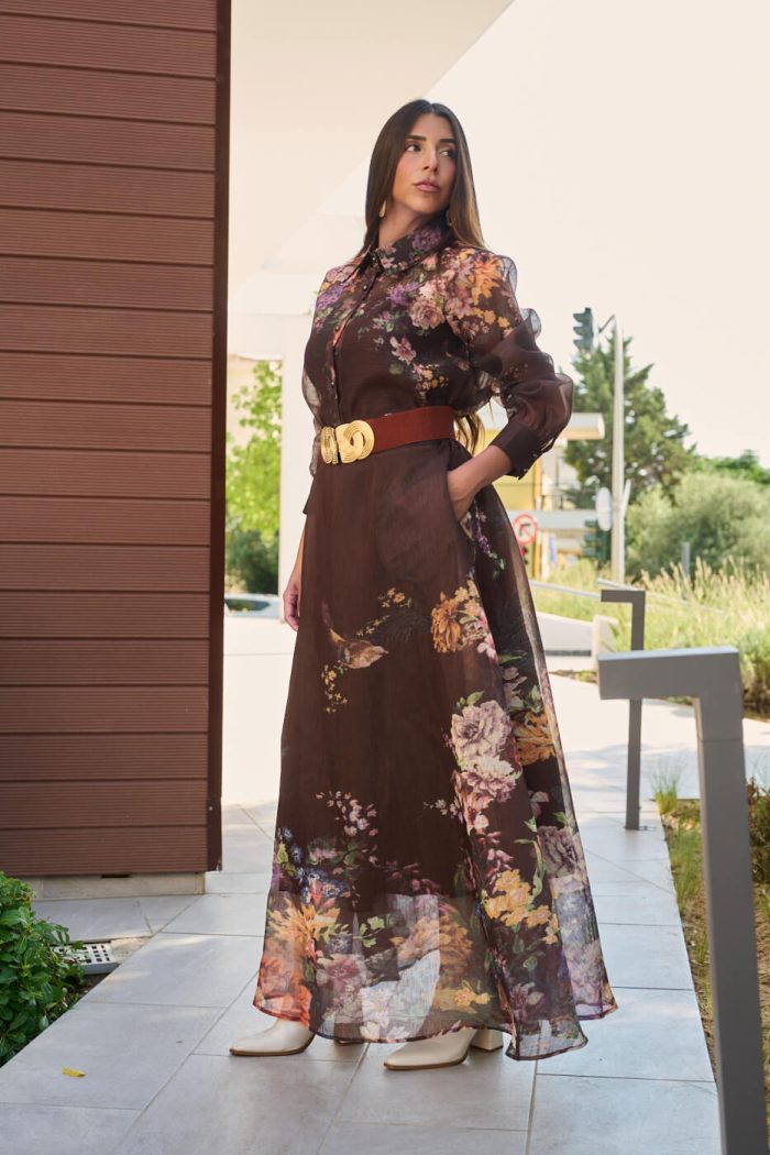 Σετ πουκάμισο - φούστα με floral print και κουμπιά πέρλες καφέ - Image 5