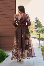 Σετ πουκάμισο - φούστα με floral print και κουμπιά πέρλες καφέ - Image 6