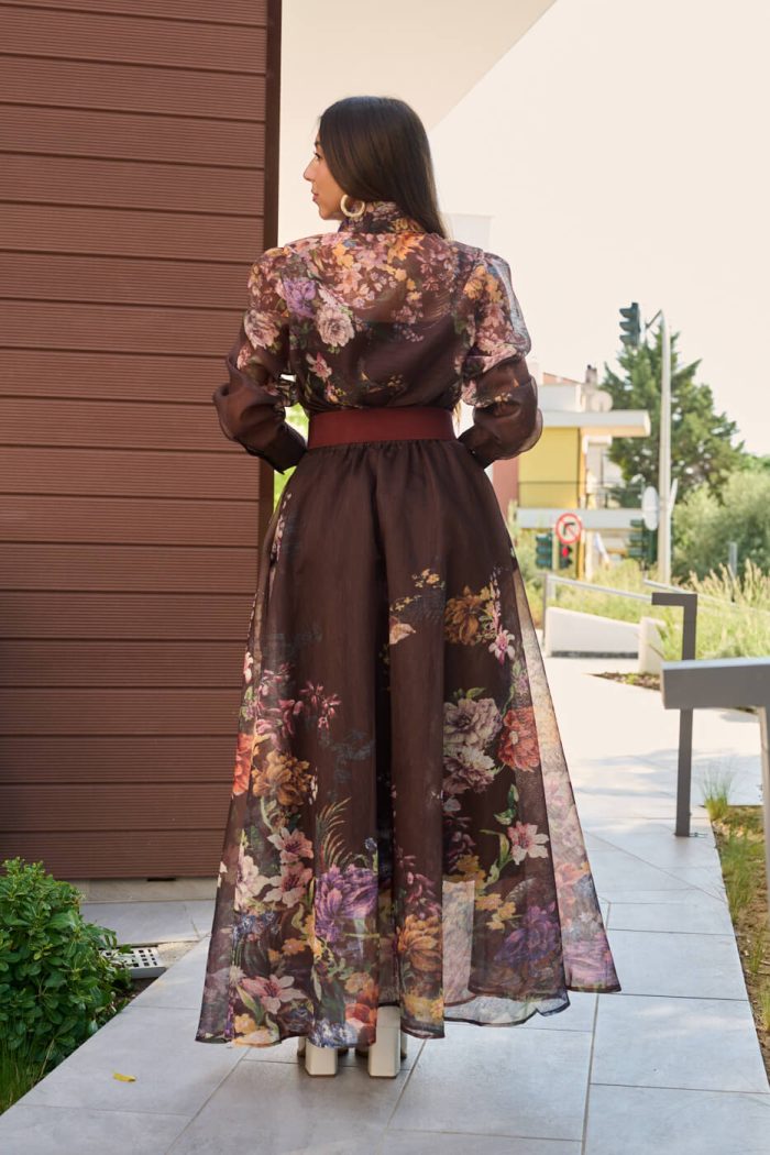 Σετ πουκάμισο - φούστα με floral print και κουμπιά πέρλες καφέ - Image 6