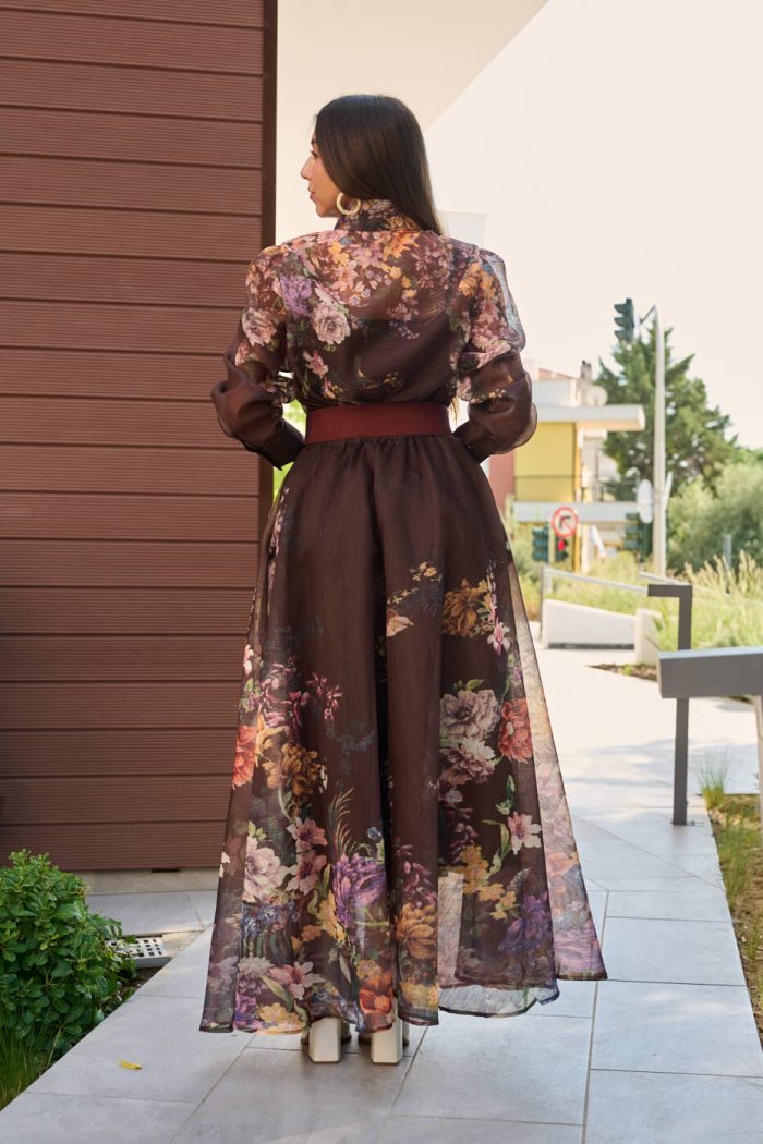Σετ πουκάμισο - φούστα με floral print και κουμπιά πέρλες καφέ - Image 7