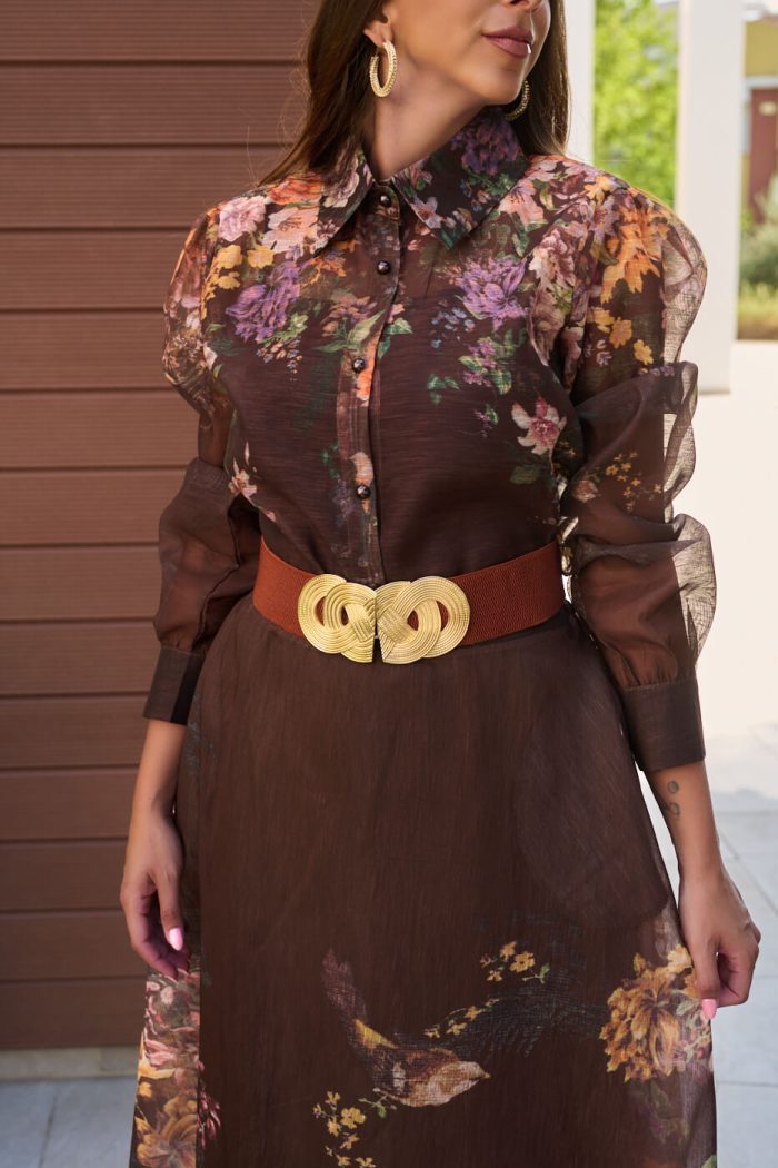 Σετ πουκάμισο - φούστα με floral print και κουμπιά πέρλες καφέ - Image 8