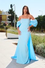 Φόρεμα maxi με σχέδιο φιόγκο και ουρά baby blue