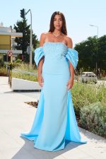 Φόρεμα maxi με σχέδιο φιόγκο και ουρά baby blue