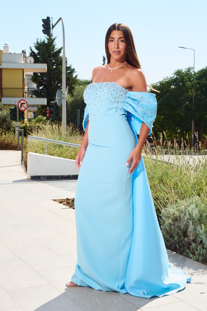 Φόρεμα maxi με σχέδιο φιόγκο και ουρά baby blue