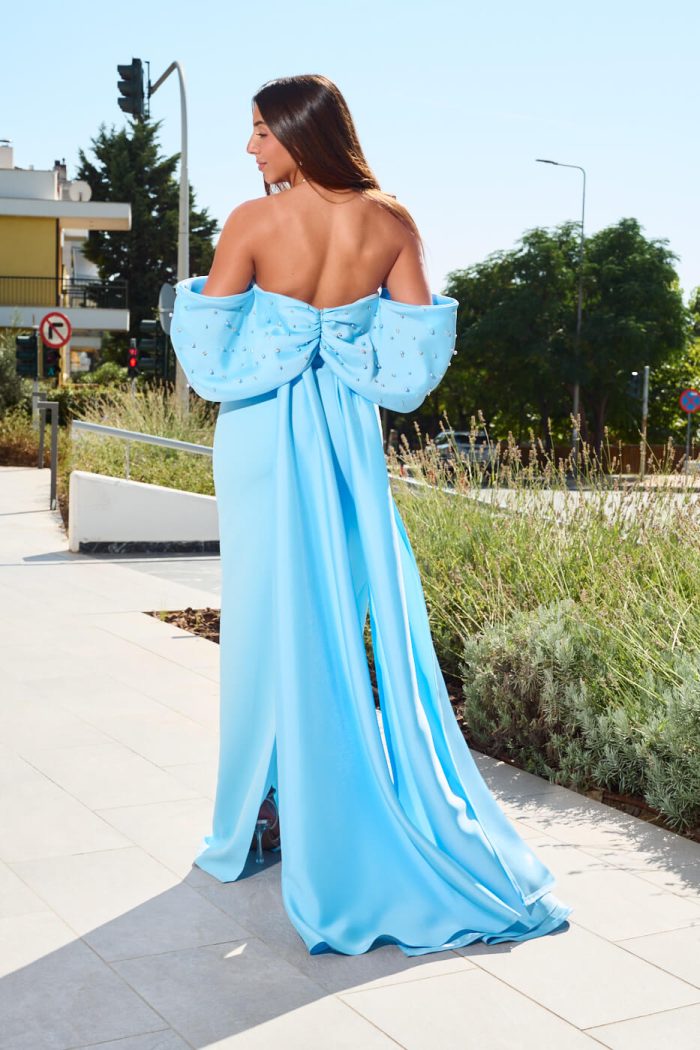 Φόρεμα maxi με σχέδιο φιόγκο και ουρά baby blue