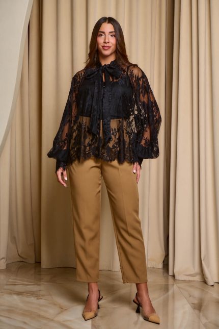 Πουκάμισο δαντελένιο με κορδέλα στο λαιμό μαύρο