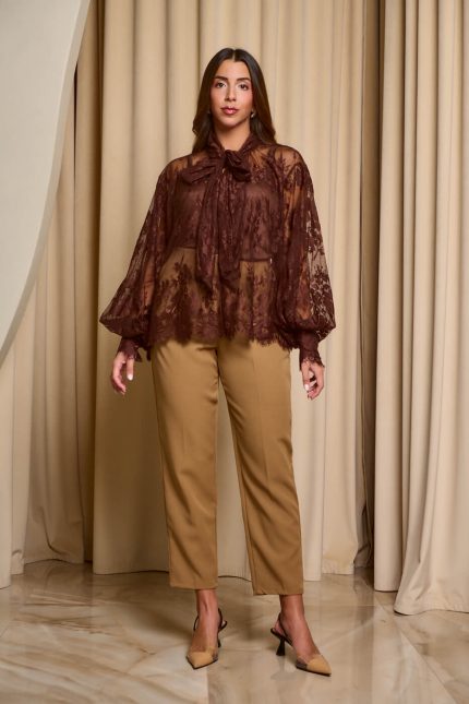 Πουκάμισο δαντελένιο με κορδέλα στο λαιμό καφέ