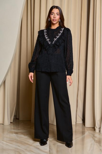 Πουκάμισο με σχέδιο κεντημένο πέρλες και στρας μαύρο