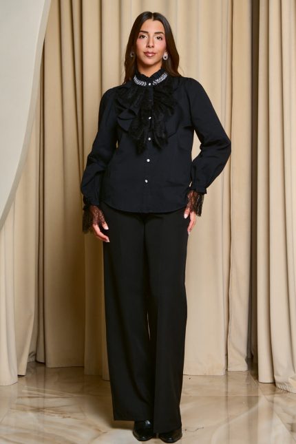 Πουκάμισο με φραμπαλά δαντέλα και χάντρες μαύρο