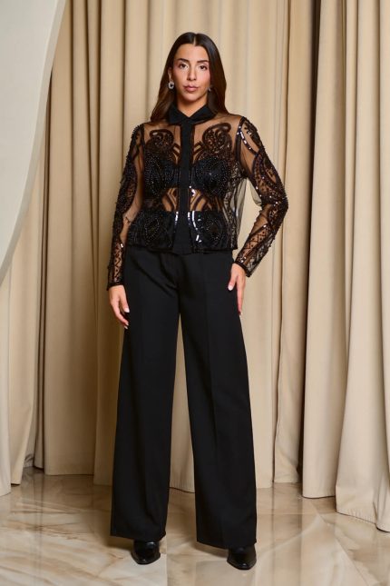 Πουκάμισο διαφάνεια με παγιέτες και χάντρες μαύρο