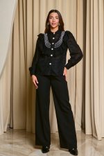 Πουκάμισο με σχέδιο κεντημένο πέρλες και κουμπιά κόσμημα μαύρο