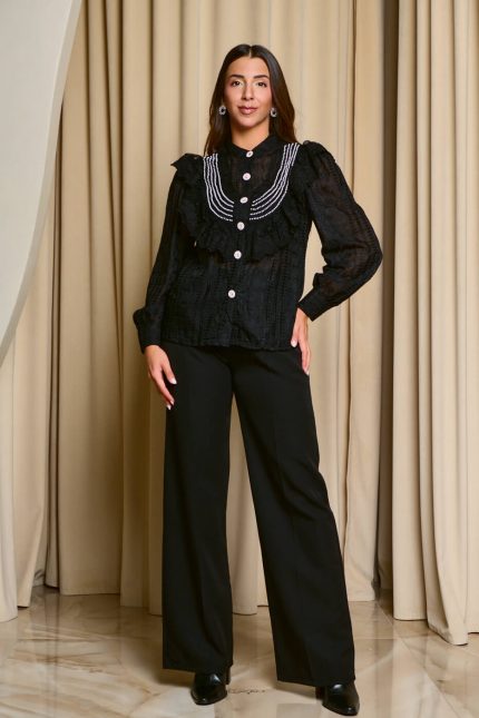 Πουκάμισο με σχέδιο κεντημένο πέρλες και κουμπιά κόσμημα μαύρο