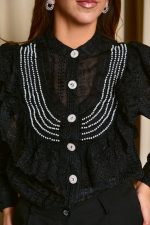 Πουκάμισο με σχέδιο κεντημένο πέρλες και κουμπιά κόσμημα μαύρο