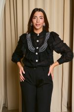 Πουκάμισο με σχέδιο κεντημένο πέρλες και κουμπιά κόσμημα μαύρο