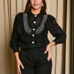 Πουκάμισο με σχέδιο κεντημένο πέρλες και κουμπιά κόσμημα μαύρο