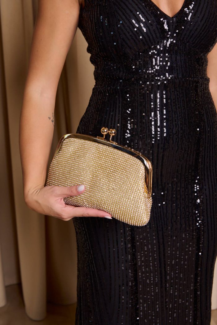 Tσάντα clutch με στρας χρυσή - Image 2