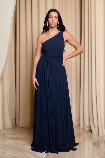 Φόρεμα maxi one shoulder με πλισέ σχέδιο στο μπούστο midnight blue