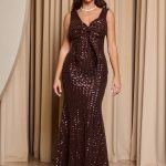 Φόρεμα maxi με παγιέτες και φιόγκο στο μπούστο καφέ