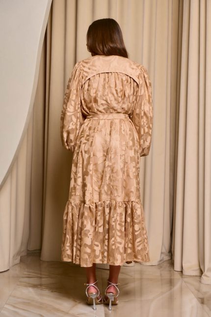 Φόρεμα midi με ανάγλυφα μοτίβα και balloon μανίκια μπεζ