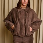 Τζάκετ bomber καστόρι με γιακά σκούρο καφέ