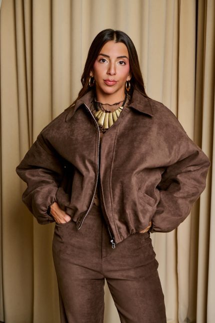 Τζάκετ bomber καστόρι με γιακά σκούρο καφέ