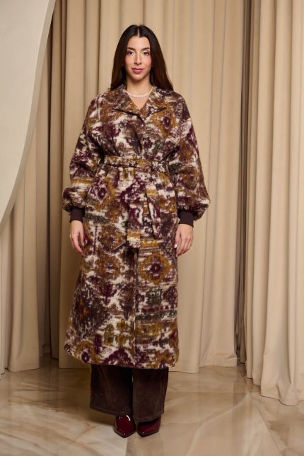 Παλτό μακρύ με ζώνη εμπριμέ