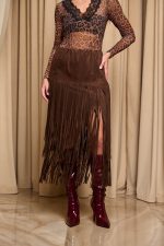 Φούστα mini από καστόρι με μακριά κρόσσια καφέ - Image 3