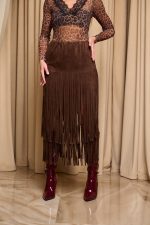 Φούστα mini από καστόρι με μακριά κρόσσια καφέ - Image 4