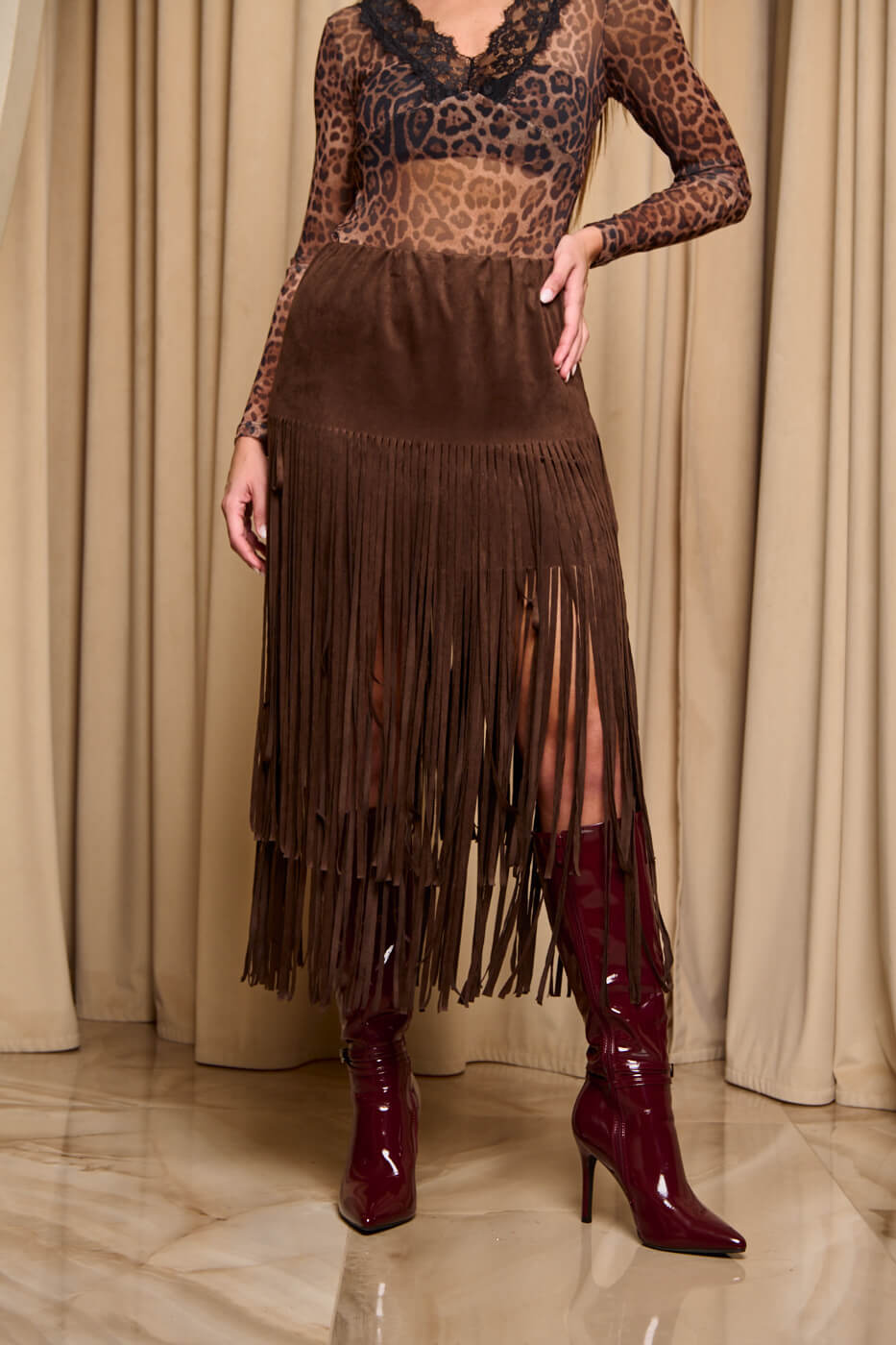 GA-2030 Φούστα mini από καστόρι με μακριά κρόσσια καφέ