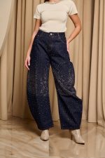 Παντελόνι τζιν barrel με στρας σκούρο μπλε