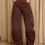 Παντελόνι τζιν barrel με στρας σκούρο καφέ