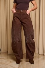 Παντελόνι τζιν barrel με στρας σκούρο καφέ