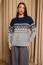 Μπλούζα πλεκτή με Jacquard σχέδιο μπλε - γκρι