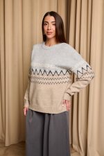 Μπλούζα πλεκτή με Jacquard σχέδιο γκρι - μπεζ - Image 4