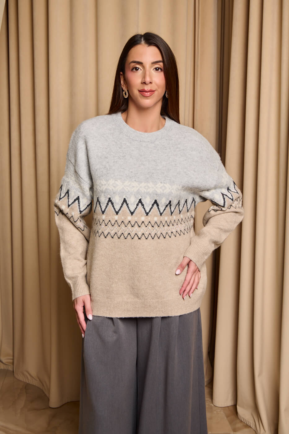 Μπλούζα πλεκτή με Jacquard σχέδιο γκρι - μπεζ