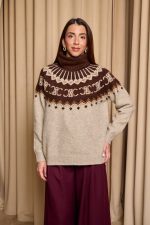 Πουλόβερ πλεκτό με σχέδιο και στρας καφέ - πούρο